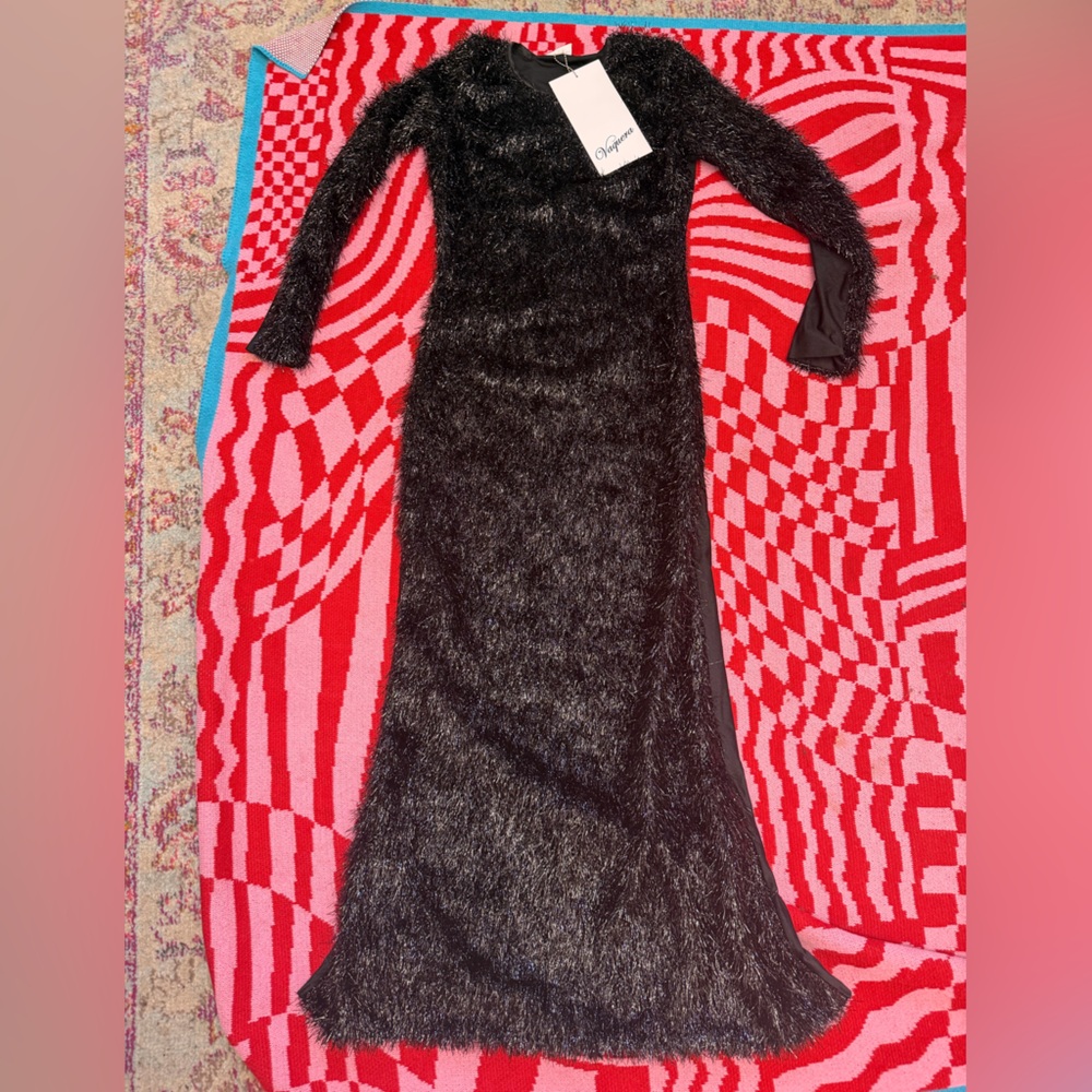 Vaquera Black Fuzzy Long-Sleeve Maxi Dress